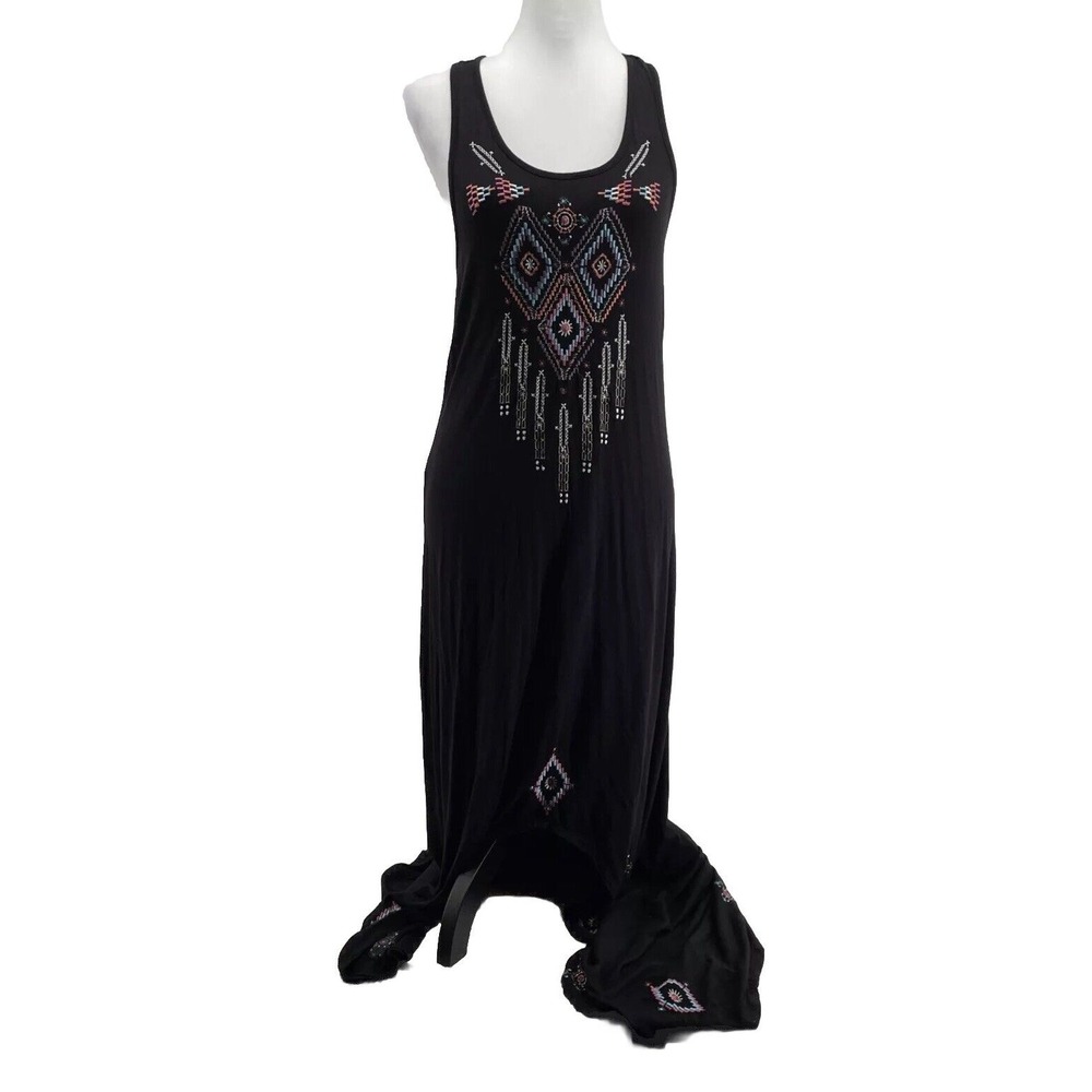 Solitaire Maxi Dress Women Medium Black Embroidered Southwestern Resortwear Slit